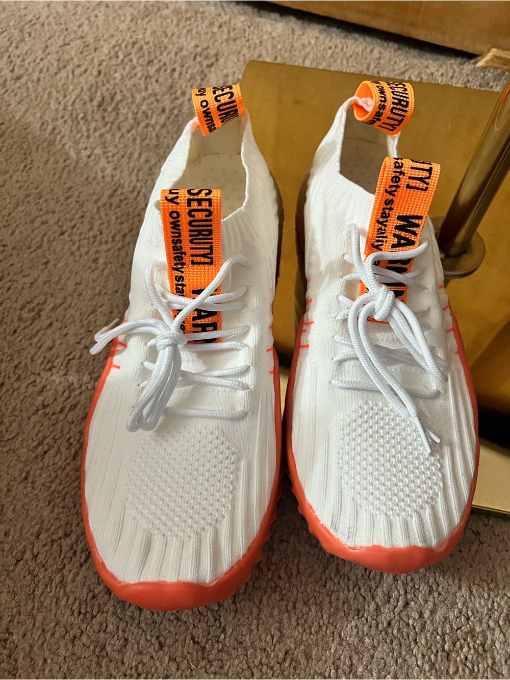 New Unisex White and Orange Knit Lace-Up Sneakers with Warning Tab size 9.5-10